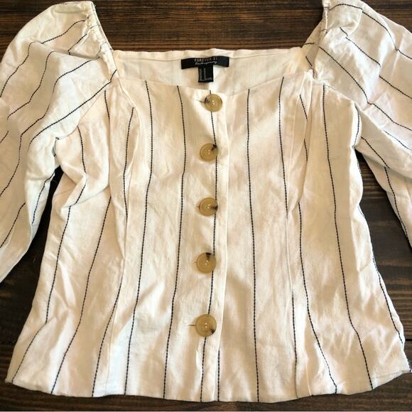 Boho Linen Square Neck Puff Sleeve Pin Striped Cropped Top Women’s Small Cream - Picture 2 of 10